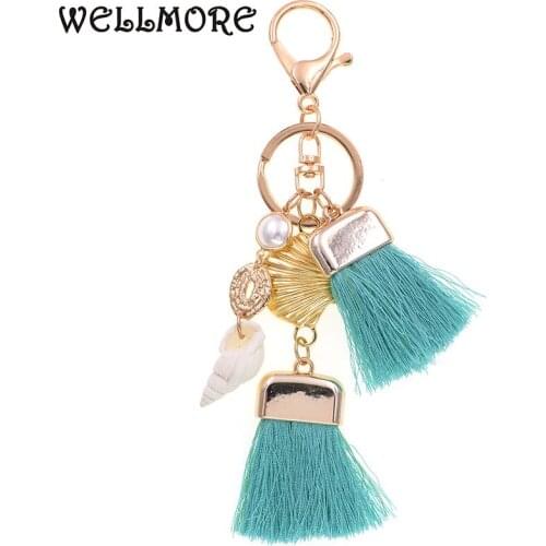 WELLMORE 9 color bohemia Key Chains for women tassel shell Key Chain Girl Bag Keychain fashion jewelry wholesale