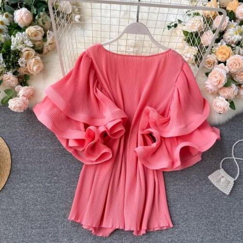 2021 Womens Shirt Ins Design Sense Butterfly Sleeve Loose Pleated Female Summer Solid Tops 2021 New Tide Blouse Women
