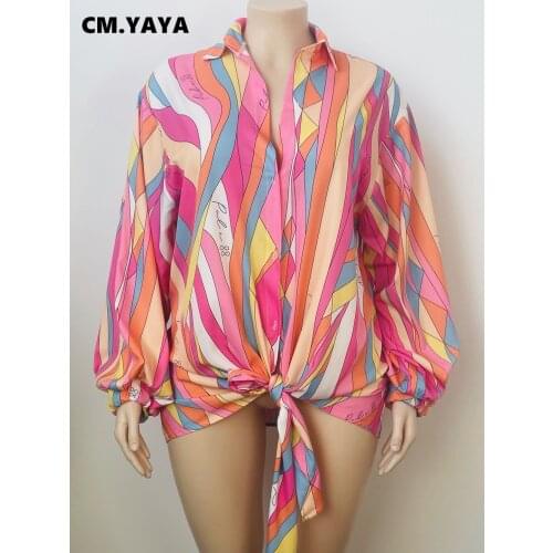 CM.YAYA Women Plus Size Shirts Print Full Sleeve Turn-down Collar Badnage Loose Maxi Tops Fashion High Streetwear Autumn Clothes