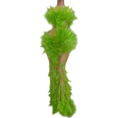 Green Feather Dresses for Women Summer See-througth Mesh Outfits Dress Lady Nightclub Party Stage Wear Singer Costume