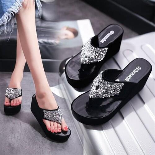 Womens shoes 2021 summer new lame-heeled thick-soled fashion sequined flip flops flip flops