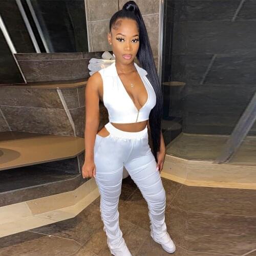 2021 Women Set Deep V-neck Zipper Sleeveless Crop Top and Cut Out Stacked Flare Trouser Summer Casual Two Piece Set Tracksuits