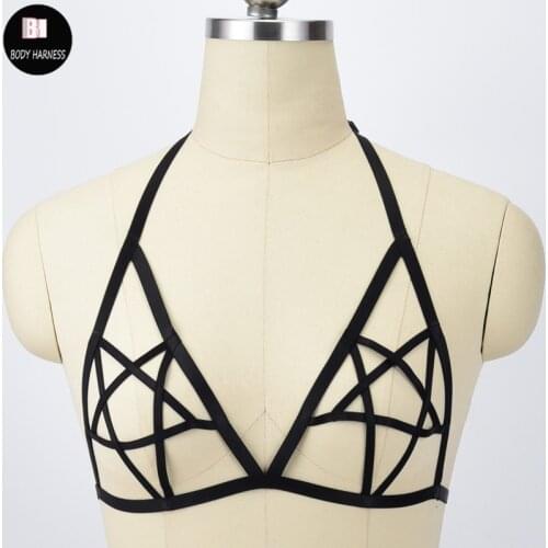 Harajuku Goth Crop Top Pentagram Harness Bra Rave Bondage Body Cage Sexy Lingerie Fetish Wear Body Harness Cage Cupless Bra