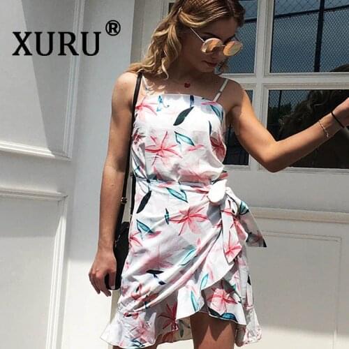 XURU Summer New Womens Print Chiffon Dress Sexy Beach Seaside Vacation Irregular Dress Bohemian Beach Dress