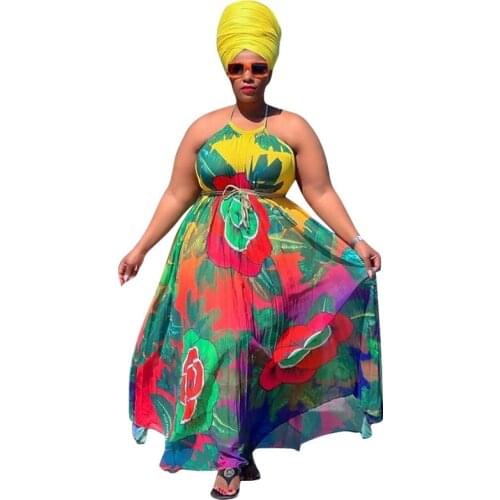 Large Size Women Dresses Floral Printing Halter Fashion Big Swing Loose Long Dress Plus Size Summer Holiday Clothes Vestido 2021