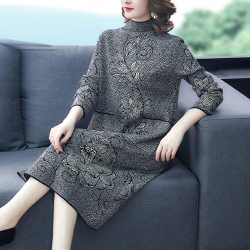Winter Vintage Women Floral Knitting Sweater Dress 2021 Autumn Casual 3XL Plus Size Midi Dress Elegant Female Turtleneck Sweater