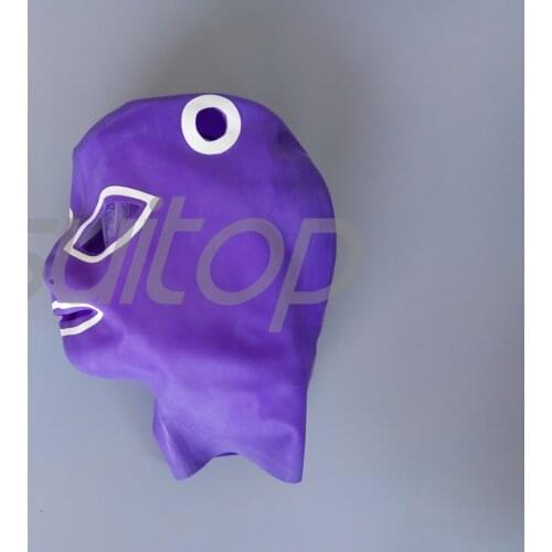 100% handmade natural Latex Mask hoods with hairs holes in purple and white trim