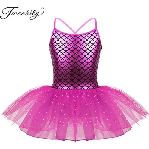 Little Girls Glitter Mermaid Costume Spaghetti Shoulder Straps Scales Pattern Printed Ballet Dance Gymnastics Leotard Tutu Dress