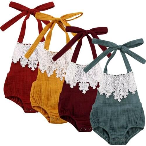 Newborn Infant Baby Girl Lace Floral Bodysuit Summer Backless Halter Jumpsuit Sunsuit Clothes Bandage Baby Bodysuits 0-18M