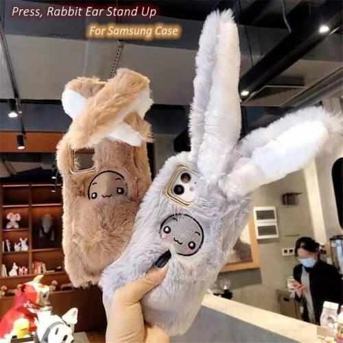 Lovely Hand Moving Fluffy Rabbit Ears Case For Samsung S20 Note 20 10 Ultra S10 S9 S8 Plus A21S A51 Angel Smile Phone Back Cover
