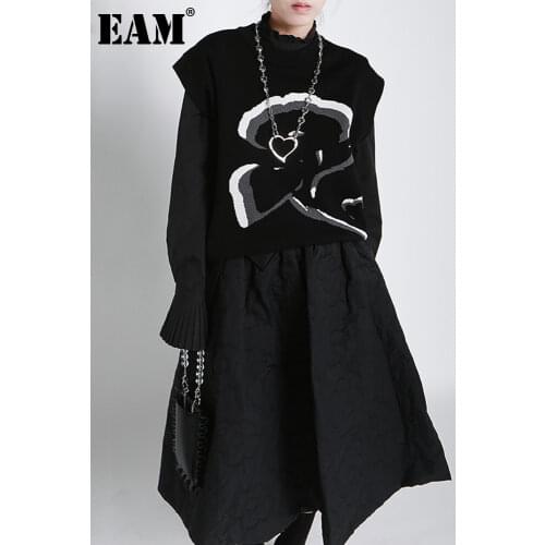 [EAM] Women Big Size Print Pattern Jacquard Knitting Loose Fit Vest New O-collar Sleeveless Fashion Spring Autumn 2021 1DD3966