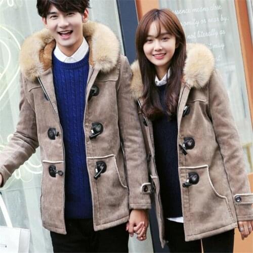 Fad New Winter Warm Lovers Cotton Lining Suede Leather Jacket Faux Fur Collar Hooded Men Women Parka Overcoat Thicken Coats