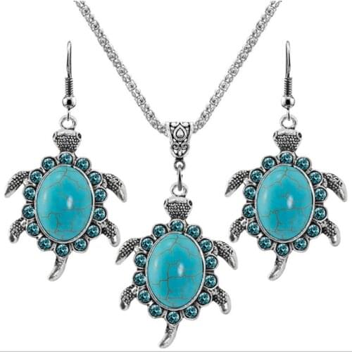 FYJS Unique Silver Plated Tortoise Shape Pendant with Rhinestone Necklace Drop Earrings Green Turquoises Stone Jewelry Sets