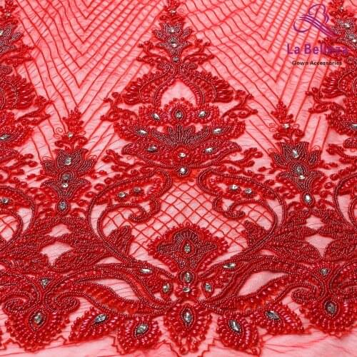 La Belleza 1 yard heavy handmade beaded lace fabric crystal lace Red/Navy/ivory/gold wedding dress lace fabric 49'' width