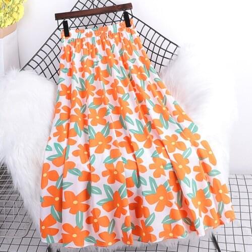 Summer New Style High Waist Slimming Fashion Printing Casual All-match A-line Big Swing Cotton And Linen Fabric Mid-length Skirt