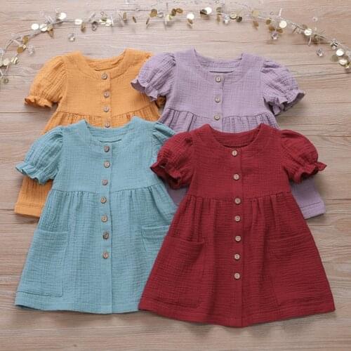 New Children Dresses Girls Short Sleeves Summer Clothes Button Pockets Splicing Elegant Princess Dress Children Outfits for 1-6Y