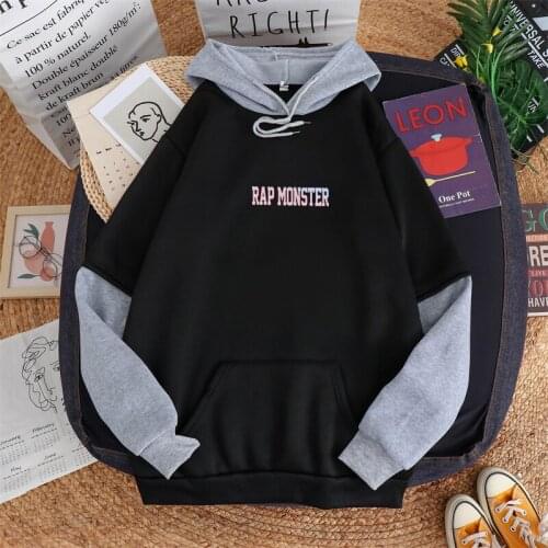 Autumn Winter Hit Color Stitch Women Fleece Hoodie Bangtan Boys Rap Monster Print Letter Korean Kpop Harajuku Fashion Sweatshirt