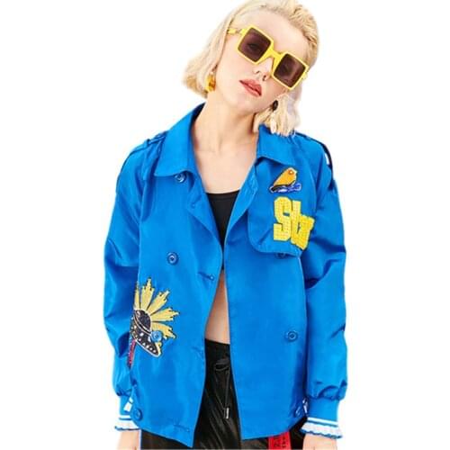 Autumn Ladies Turn Down Collar Blue Jacket Female Long Sleeve Coat Fashion Sequins Embroidery Plus Size Loose Outerwear Z101