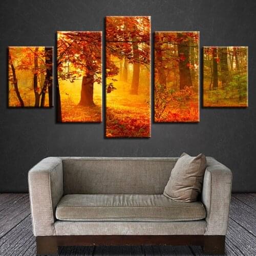 Landscape Modern Art Prints Decor Living Room Wall 5 Pieces Red Tree Forest Sunshine Framework Pictures Modular Canvas Painting