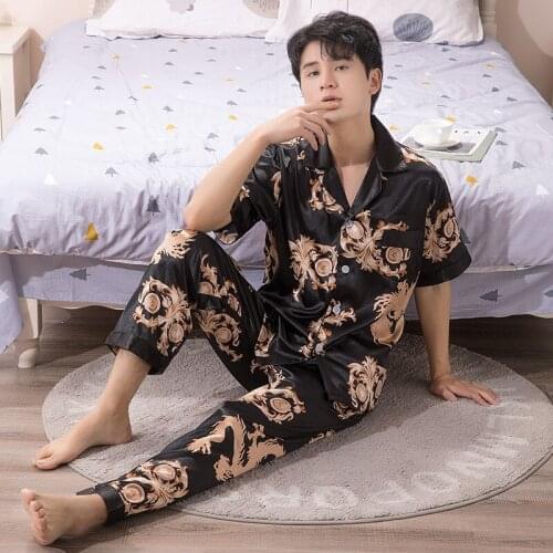 Men Satin Print Pajamas Set Black Silky Sleep Set Short Sleeve Pijamas Suit Casual Trousers Suit Summer New Pyjamas Pour