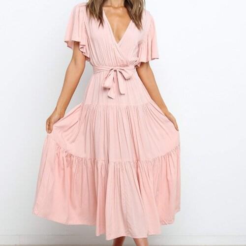 Summer Dress Women New Spring V Neck Cross Belt Tunic Solid Color Fashion Casual Midi Length Dresses