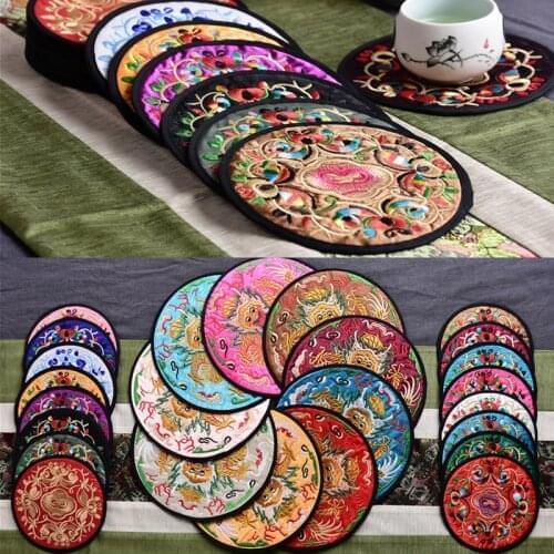 Hot Coaster Cup Pad Slip Insulation Chinese Style Creative Home Round Embroidered Cloth Coaster Pad Cup Mat Pad Hot Drink Holder