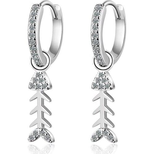 Fish Bone Shape Pendants Small Hoop Earrings Zirconia Gold Silver Color Loop Huggie Earring Fashion Party Jewelry Gift for Women