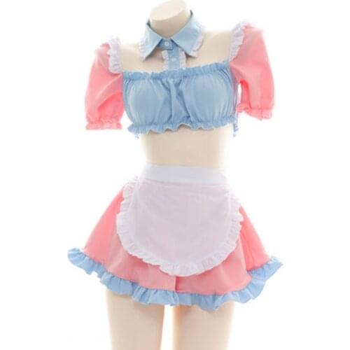 Sexy Cute Cat Girl Maid Cosplay Costumes Lace Apron Outfit Cat Ear Pink Blue Top Short Skirt Uniform Womens Exotic Dress LZ7N