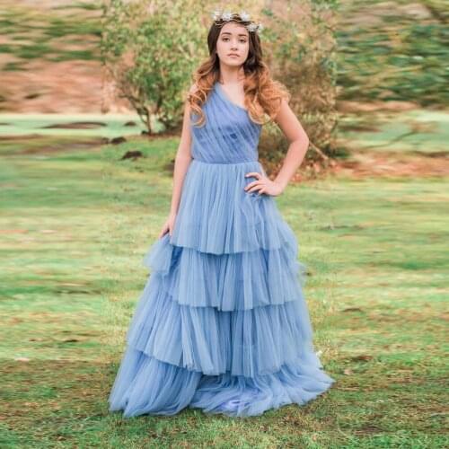 Sky Blue Simple Classic Womem Dress One-Shoulder Tulle Ruffles Layered Dress Long Length Tulle Female Dresses