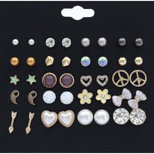 20Pairs/Set Cut Heart Pearl Stud Earrings Set For Women Fashion Enamel Crystal Small Ear Stud Brinco Ball Stud Earring