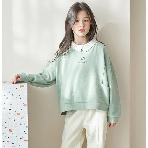 Korean Style Teen Girls Sweatshirt Light Green Color Flower Embroidery Tops Spring Autumn Girls Clothes