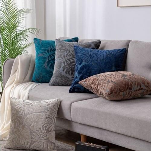 Tropical Leaves Chenille Flocking Cushion Cover Blue Navy Red Home Decorative Pillow Cover 45x45cm Living Room Sofa Pillow Case