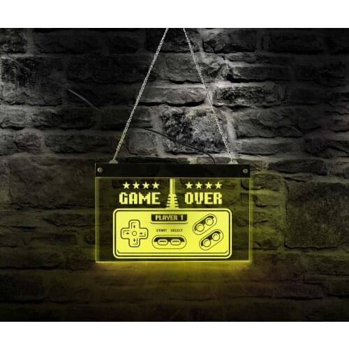 Vintage Gamepad Controller LED Light Up Acrylic Board Playroom Decor Game Over Sign Game Room Electric Display Hanging Board