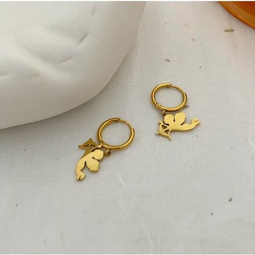 Monlansher Cute Cupid Little Angel Earrings Gold Color Titanium Steel Metal Hoop Earrings for Women Exquisite Earrings Jewelry