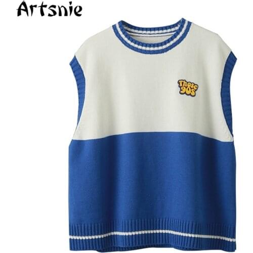 Artsnie Preppy Patchwork Sweater Vest Women Winter O Neck Sleeveless Oversized Pull Femme Hiver Sweet Blue Sweaters Vest Female