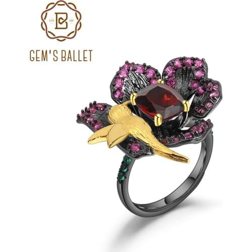 GEMS BALLET Natural Garnet Amethyst Flower Rings Jewelry Secret Garden 925 Sterling Silver Adjustable Open Ring For Women