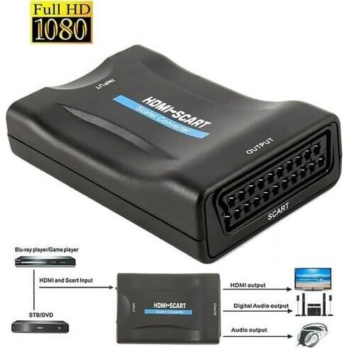 Video Audio Upscale Converters 1080P HDMI-compatible to SCART Plug and Play with DC Cable for Household Computer Accessories