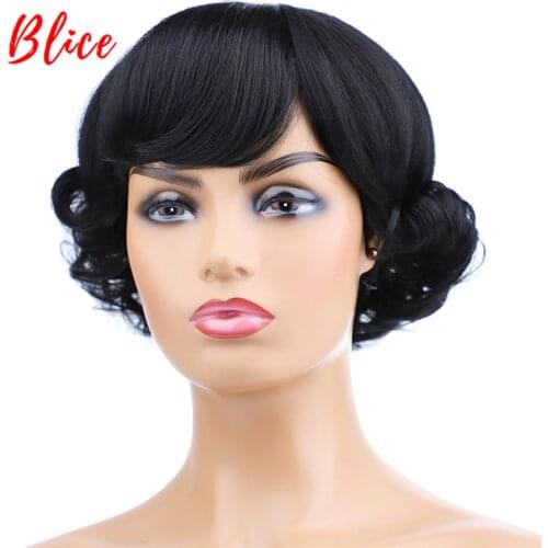 Blice Short Curly Synthetic Wigs With Free-Bang Natural Black Heat Resistant Hairstyle High Temperature For Women