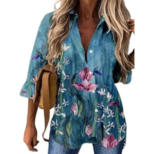 Fashion Blouse Women Elegant Single-breasted Vintage Floral Printed Top Autumn Soft Loose Ladies Blouses Shirts Plus Size