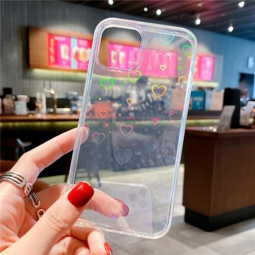 Laser Love Heart Phone Case For iPhone 11 12 Pro Max X XS Max XR 7 8 Plus SE 2020 Gradient Clear Shockproof Soft TPU Back Cover