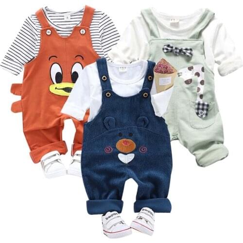 Child Spring Autumn Leisure Suit Solid Color Striped Top Overalls Girl Cartoon Animal Jumpsuit Set Boy Vitality Clothes Outfit