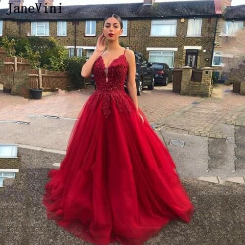 JaneVini 2020 Sexy Burgundy Long Prom Dresses Spaghetti Straps Lace Appliques Beaded Sleeveless A Line Tulle Formal Party Gowns