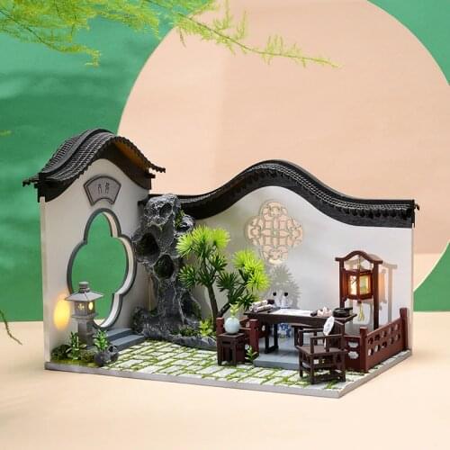 Chinese Courtyard DIY Wooden 3D Dollhouse Kit Assembled Miniature with Rockery Checkerboard Doll House Toy for Kids Adult Gifts