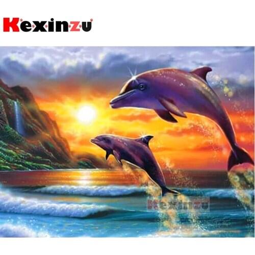 Full 5d Square/Round Diamond Painting-Sunset dolphin-Diamond Embroidery kit Cross Stitch Mosaic Full Picture Rhinestone Decor Y0