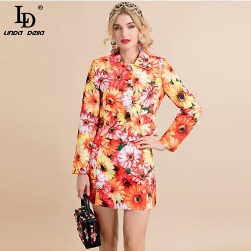 LD LINDA DELLA Fashion Designer Autumn Flower print Skirt Set Women Long sleeve Single-breasted Blouse and Skirts 2 Pieces Suit