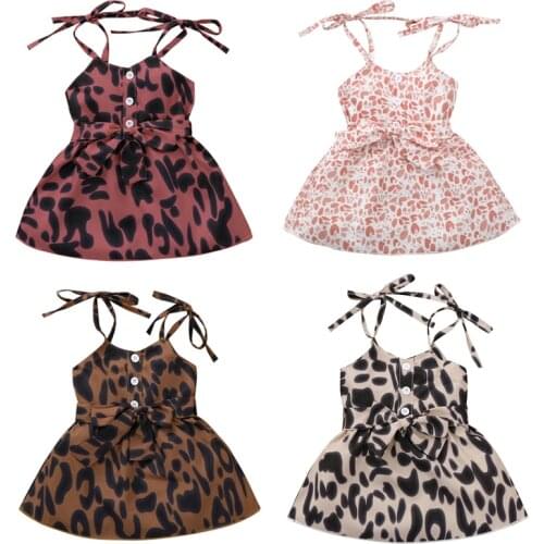 Summer Lovely Kids Girls Dress Leopard Print Sleeveless Strapless Belt Button A-Line Mini Sundress Children Princess Dress 0-4Y