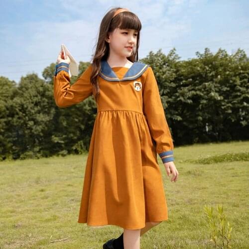 Lovely Girls Casual Dress 5- 14 Years Children Long Sleeve Turn Down Collar Gowns Kids Daily Outdoor Activeties Dresses Clothes