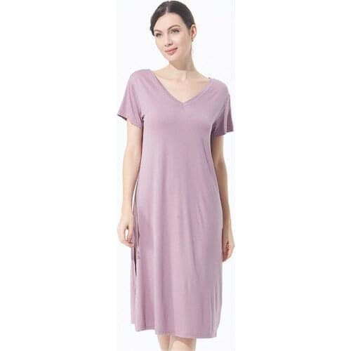 Night dress purple female cotton plus large size nightdress casual loose V-neck short-sleeved slit sexy skirt seksi gecelik new