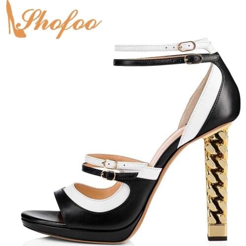 Mixed-Colors Chain Party Shoes Woman Female Sandals Summer Buckle Strap High Square Heels Concise Mature Novelty Big Size 15 16