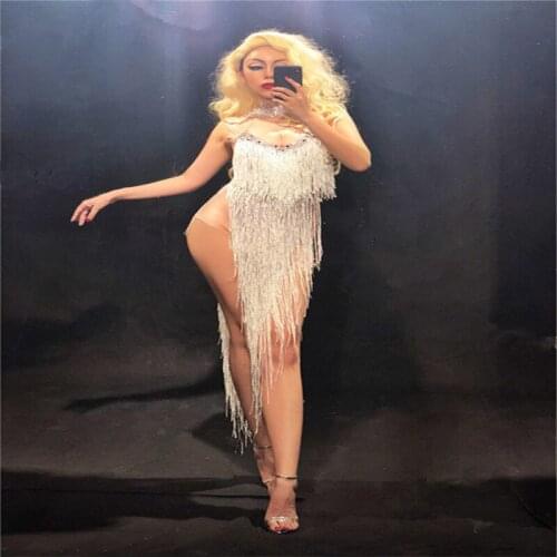 F94 Sexy Long tassel bodysuit ballroom pole dance costumes stage jumpsuit Tight leotard female singer performance dress clothe